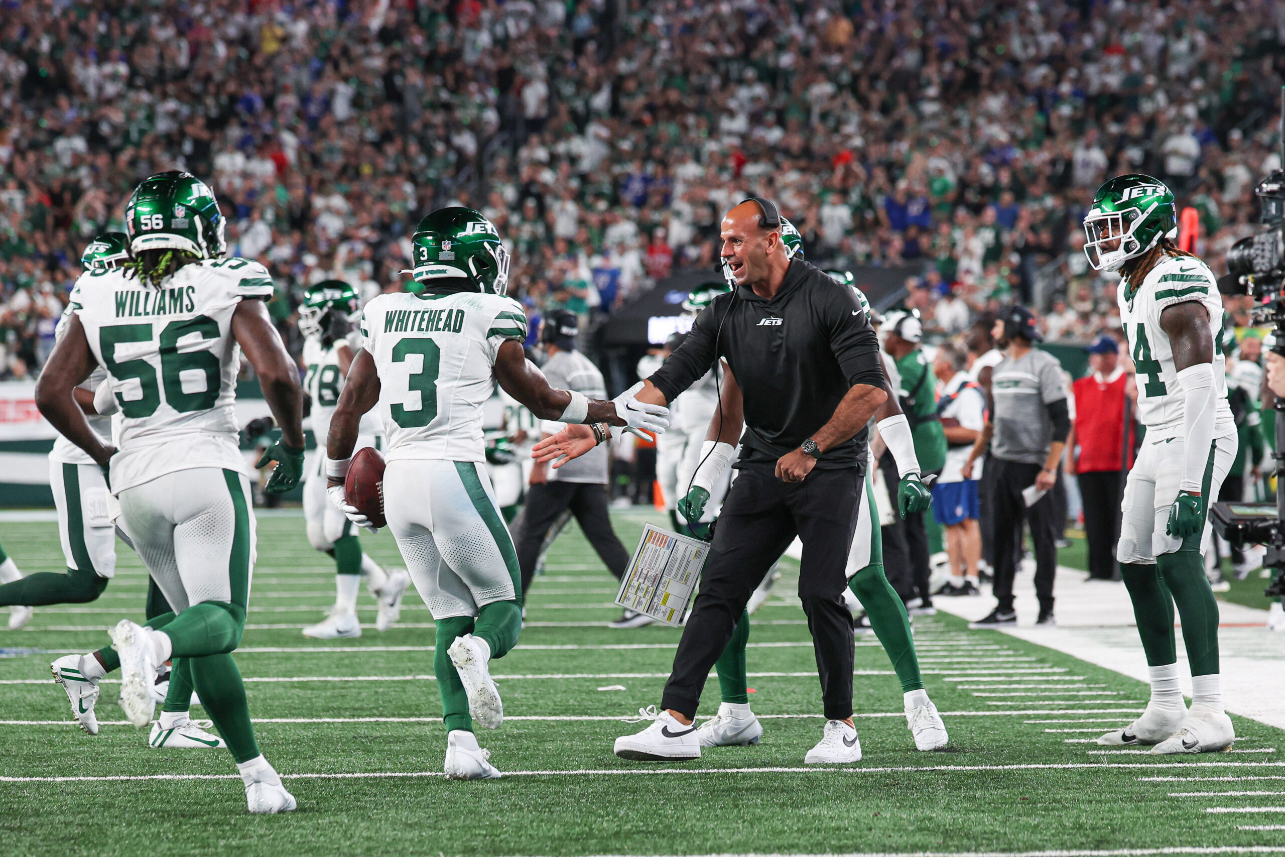 Baltimore Ravens leader Ray Lewis directs the Ravens defense